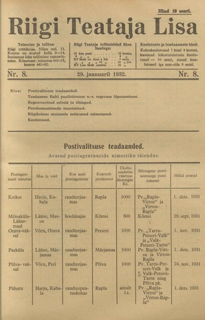 Riigi Teataja Lisa : seaduste alustel avaldatud teadaanded ; 8 1932-01-29