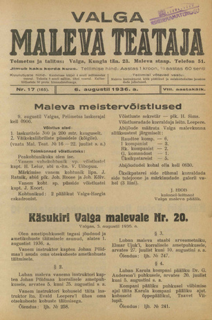 Valga Maleva Teataja ; 17 (165) 1936-08-06