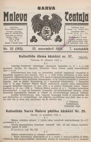 Narva Maleva Teataja ; 22 (163) 1938-11-15