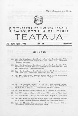 Eesti Nõukogude Sotsialistliku Vabariigi Ülemnõukogu ja Valitsuse Teataja ; 48 1966-10-26