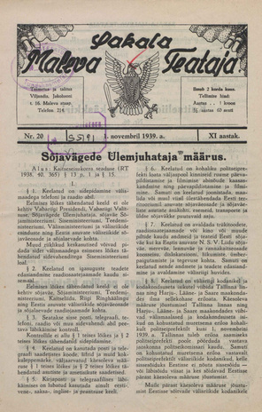Sakalamaa Maleva Teataja ; 20 1939-11-01