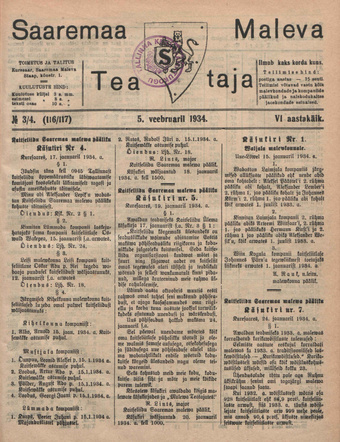Saaremaa Maleva Teataja ; 3/4 (116/117) 1934-02-05