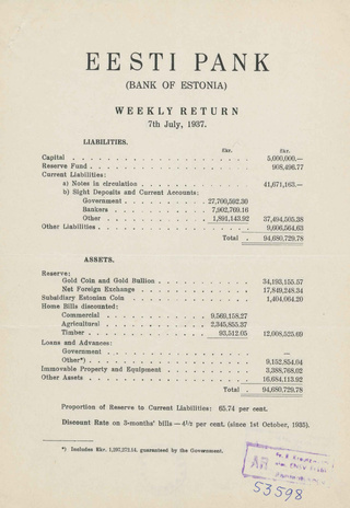 Eesti Pank (Bank of Estonia) : weekly return ; 1937-07-07