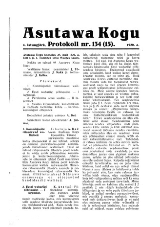 Asutawa Kogu protokoll nr.134 (15) (28. mai 1920)