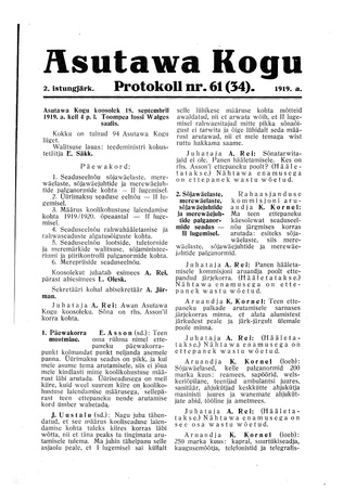 Asutawa Kogu protokoll nr.61 (34) (18. september 1919)
