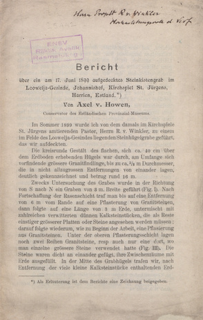 Bericht über ein am 17. Juni 1899 aufgedecktes Steinkistengrab im Loowelja-Gesinde, Johannishof, Kirchspiel St. Jürgens, Harrien, Estland 