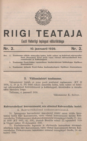 Riigi Teataja. Eesti Vabariigi lepingud välisriikidega ; 2 1939-01-10