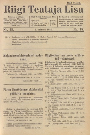 Riigi Teataja Lisa : seaduste alustel avaldatud teadaanded ; 18 1931-03-03