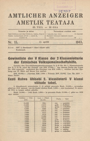 Ametlik Teataja. III osa = Amtlicher Anzeiger. III Teil ; 15 1943-04-12