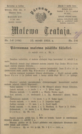 Pärnumaa Maleva Teataja ; 5-6 (104) 1933-03-25