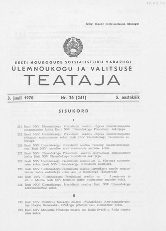 Eesti Nõukogude Sotsialistliku Vabariigi Ülemnõukogu ja Valitsuse Teataja ; 26 (241) 1970-07-03