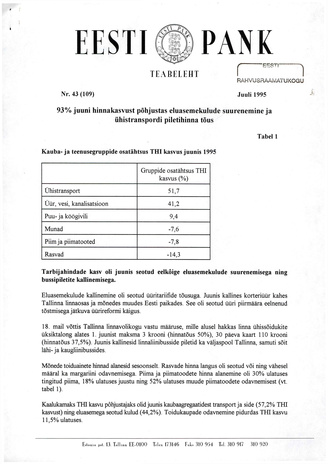 Eesti Pank : teabeleht ; 43 (109) 1995-07