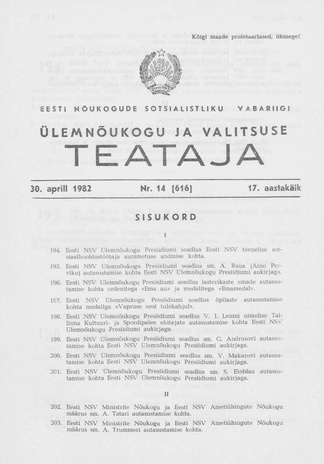 Eesti Nõukogude Sotsialistliku Vabariigi Ülemnõukogu ja Valitsuse Teataja ; 14 (616) 1982-04-30