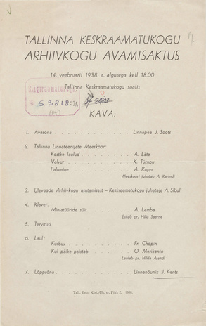 Tallinna keskraamatukogu arhiivkogu avamisaktus : 14. veebr. 1938 ... : [kava]