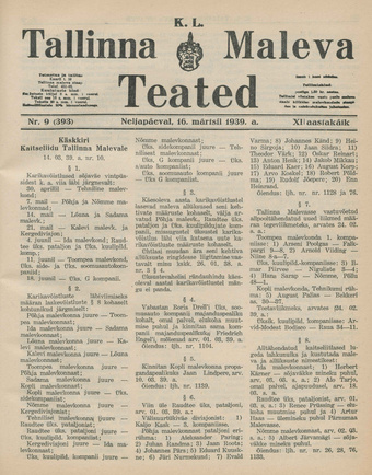 K. L. Tallinna Maleva Teated ; 9 (393) 1939-03-16