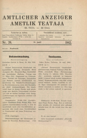 Ametlik Teataja. III osa = Amtlicher Anzeiger. III Teil ; 20 1942-07-10