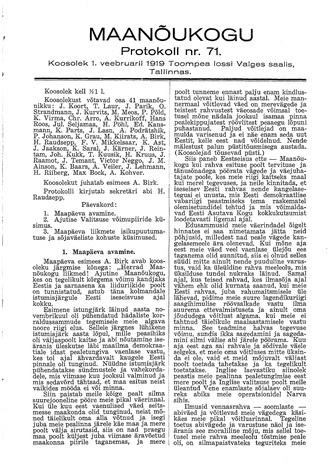 Maanõukogu protokoll nr.71 (1. veebruar 1919)