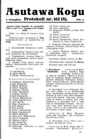 Asutawa Kogu protokoll nr.162 (8) (16. november 1920)