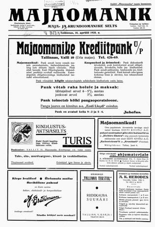 Majaomanik : ajakiri "Majaomaniku" tasuta kaasanne ; 1935-04-16