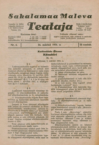 Sakalamaa Maleva Teataja ; 6 1931-03-16