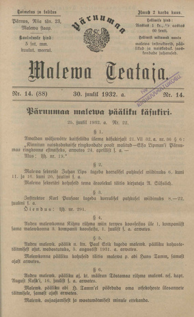 Pärnumaa Maleva Teataja ; 14 (88) 1932-07-30
