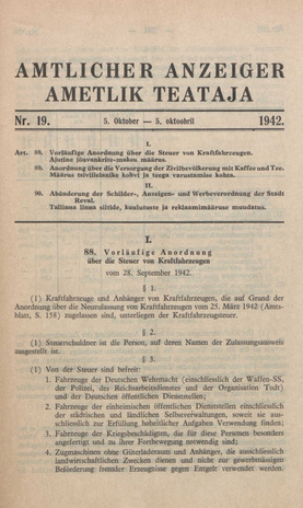 Ametlik Teataja. I/II osa = Amtlicher Anzeiger. I/II Teil ; 19 1942-10-05