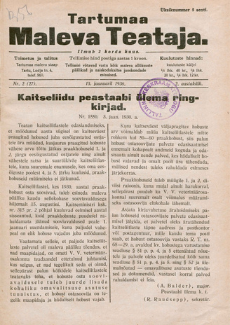 Tartumaa Maleva Teataja ; 2 (27) 1930-01-15