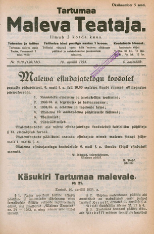 Tartumaa Maleva Teataja ; 9/10 (120/121) 1934-04-18