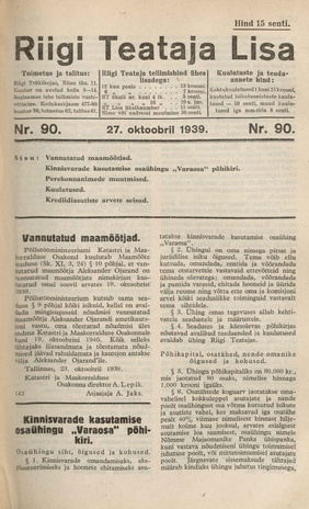 Riigi Teataja Lisa : seaduste alustel avaldatud teadaanded ; 90 1939-10-27