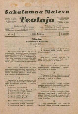 Sakalamaa Maleva Teataja ; 10 1929-05-01