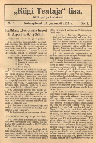 Riigi Teataja Lisa : seaduste alustel avaldatud teadaanded ; 2 1927-01-12