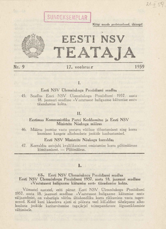 Eesti NSV Teataja = Ведомости Эстонской ССР ; 9 1959-02-17