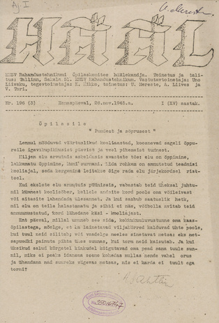 Hääl : [Tallinna Rahandustehnikumi õpilaste ajakiri] ; 3(196) 1945-11-26