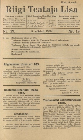 Riigi Teataja Lisa : seaduste alustel avaldatud teadaanded ; 19 1935-03-08