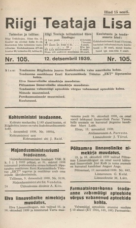 Riigi Teataja Lisa : seaduste alustel avaldatud teadaanded ; 105 1939-12-12