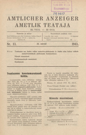 Ametlik Teataja. III osa = Amtlicher Anzeiger. III Teil ; 13 1943-03-30