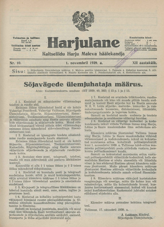 Harjulane : Kaitseliidu Harju Maleva häälekandja ; 10 1939-11-01