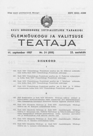 Eesti Nõukogude Sotsialistliku Vabariigi Ülemnõukogu ja Valitsuse Teataja ; 31 (808) 1987-09-11