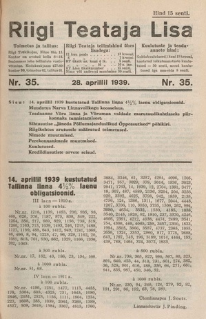 Riigi Teataja Lisa : seaduste alustel avaldatud teadaanded ; 35 1939-04-28