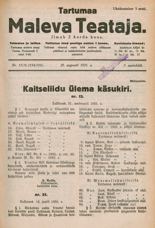Tartumaa Maleva Teataja ; 15/16 (154/155) 1935-08-29