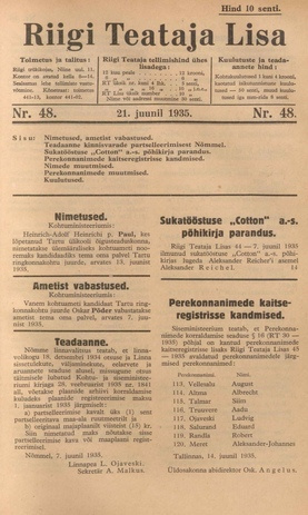Riigi Teataja Lisa : seaduste alustel avaldatud teadaanded ; 48 1935-06-21