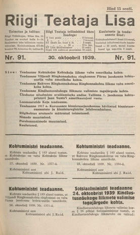Riigi Teataja Lisa : seaduste alustel avaldatud teadaanded ; 91 1939-10-30