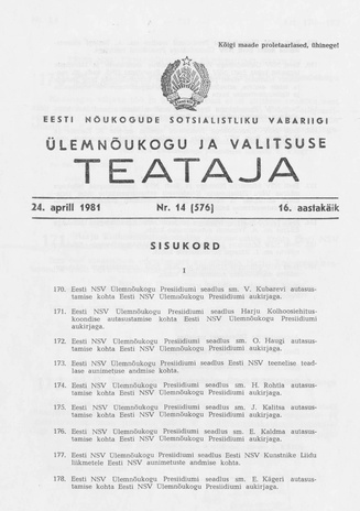 Eesti Nõukogude Sotsialistliku Vabariigi Ülemnõukogu ja Valitsuse Teataja ; 14 (576) 1981-04-24