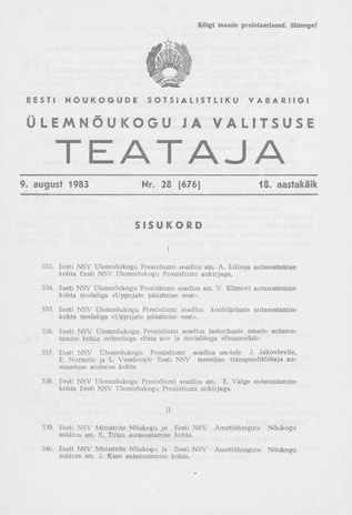 Eesti Nõukogude Sotsialistliku Vabariigi Ülemnõukogu ja Valitsuse Teataja ; 28 (676) 1983-08-09