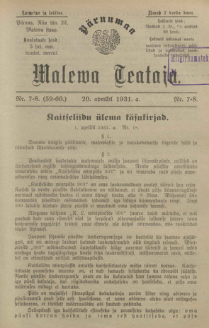 Pärnumaa Maleva Teataja ; 7-8 (59-60) 1931-04-20