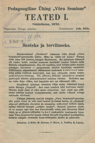 Pedagoogiline Ühing "Võru Seminar" : teated ; I 1932-01