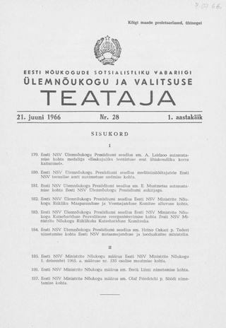Eesti Nõukogude Sotsialistliku Vabariigi Ülemnõukogu ja Valitsuse Teataja ; 28 1966-06-21
