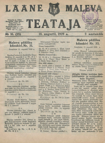 Lääne Maleva Teataja ; 16 (25) 1929-08-16