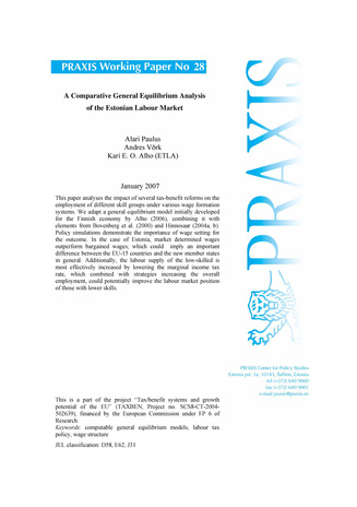 A comparative general equilibrium analysis of the Estonian labour market ; 28 (PRAXISe toimetised = PRAXIS working paper)