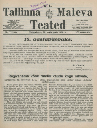 K. L. Tallinna Maleva Teated ; 7 (281) 1936-02-20